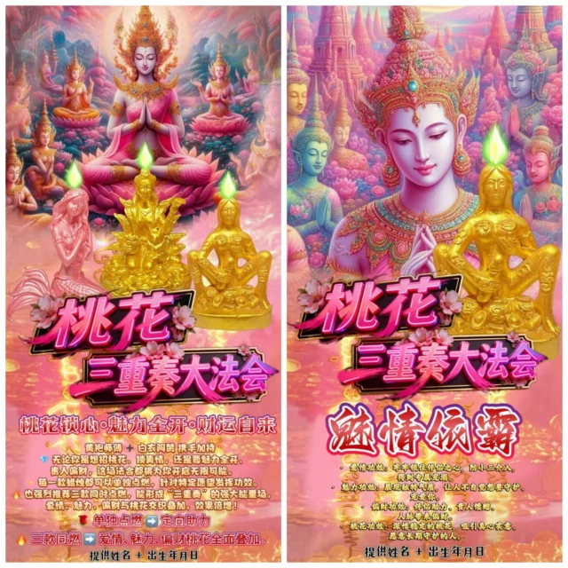 🌸 桃花三重奏大法会 6️⃣🈷️1️⃣2️⃣

桃花锁心·魅力全开·财运自来

💫 黄袍师傅 ➕ 白衣阿赞 携手加持
💎 无论你是想招桃花、锁真情，还是要魅力全开、贵人偏财，这场法会都将为你开启无限可能。

✨ 每一款蜡烛都可以单独点燃，针对特定愿望发挥功效。
🔥 也强烈推荐三款同时点燃，能形成“三重奏”的强大能量场，爱情、魅力、偏财与桃花交织叠加，效果倍增！

📌 提供姓名 + 出生年月日

🌹 单独点燃 ➡️ 定向助力
🔥 三款同燃 ➡️ 爱情、魅力、偏财桃花全面叠加。

⸻

🌸 桃花三重奏大法会 

桃花锁心·魅力全开·财运自来

🦊 千魅九尾
	•	爱情功效：提升异性缘，暗恋者主动靠近，暧昧关系升温。
	•	魅力功效：散发无法抗拒的气场，让你在人群中光彩夺目。
	•	偏财功效：灵动智慧，抓住机遇型财富，投资合作偏财运佳。
	•	桃花功效：快速、热烈、刺激的桃花，适合短期艳遇或让感情生活更热闹。

👉 适合人群：渴望艳遇、社交场合脱颖而出、希望迅速提升吸引力的人。

⸻

🌸 桃花三重奏大法会 

桃花锁心·魅力全开·财运自来

👑 魅情依霸
	•	爱情功效：牢牢锁住伴侣之心，防小三介入，得到专属宠溺。
	•	魅力功效：展现独特气质，让人不自觉想要守护、宠爱你。
	•	偏财功效：伴侣助力、贵人馈赠、人脉带来偏财。
	•	桃花功效：深情稳定的桃花，吸引真心实意、愿意长期守护的人。

👉 适合人群：已有伴侣想稳固感情者，或想获得长久真情、专属宠爱的人。

⸻

🌸 桃花三重奏大法会 

桃花锁心·魅力全开·财运自来

🧜 幻情人鱼
	•	爱情功效：吸引浪漫纯粹的恋情，让感情充满梦幻与甜蜜。
	•	魅力功效：散发温柔治愈气场，容易被信任与依赖。
	•	偏财功效：大海象征财富流动，助创意型、艺术型、灵感型人群获得机会财富。
	•	桃花功效：浪漫、真诚的恋情桃花，容易遇到灵魂契合的对象。

👉 适合人群：追求浪漫恋情、渴望增加异性好感、或寻求偏财机会的人。

We Accept 接受法金方式⬇️
Credit Card 信用卡
Bank Tranfer 银行转账
Google Pay 谷歌付款
Apple Pay 苹果付款
Alipay 支付宝
WeChat Pay 微信付款
E-Wallet 各种电子钱包

#泰皇佛閣殿 #thaikingdom99 #tkingdom99 #泰国法事 #事业 #招财 #挽回 #感情 #佛牌 #圣物 #法事 #法会 #每日运势  #每日运势解析